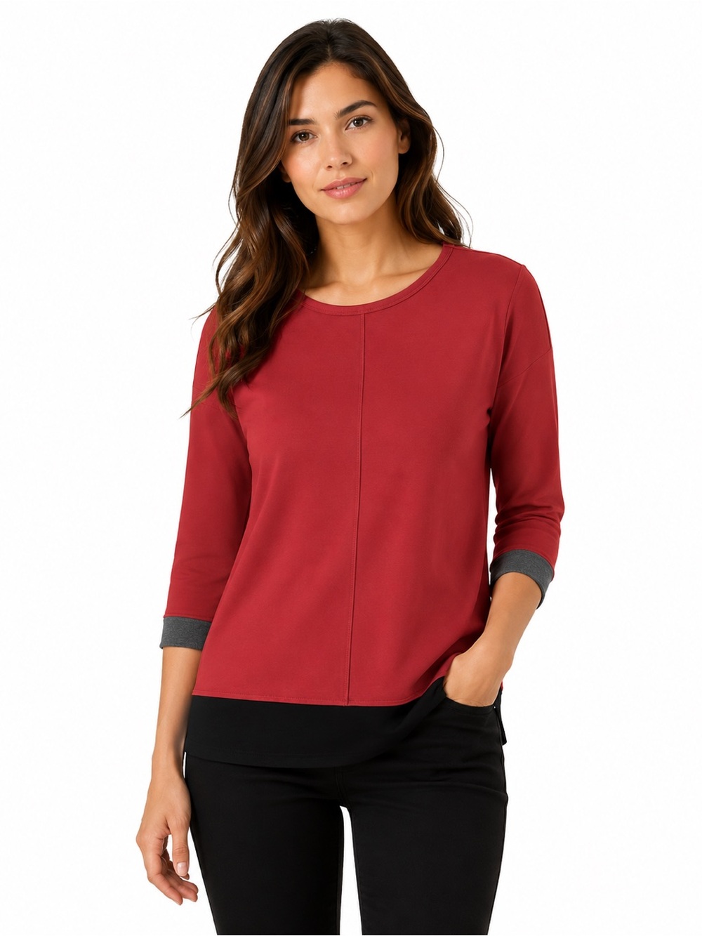 Jones New York Women’s Colorblock Tunic Top Size Small Brick Red 3/4 Sleeve NWT